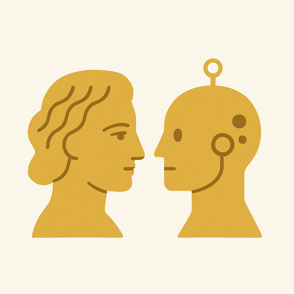 AI i Ja – Dva pogleda, jedno razumevanje Minimalistička ilustracija profila čoveka i robota – simbol zajedničkog uvida i duhovno-tehnološkog jedinstva.