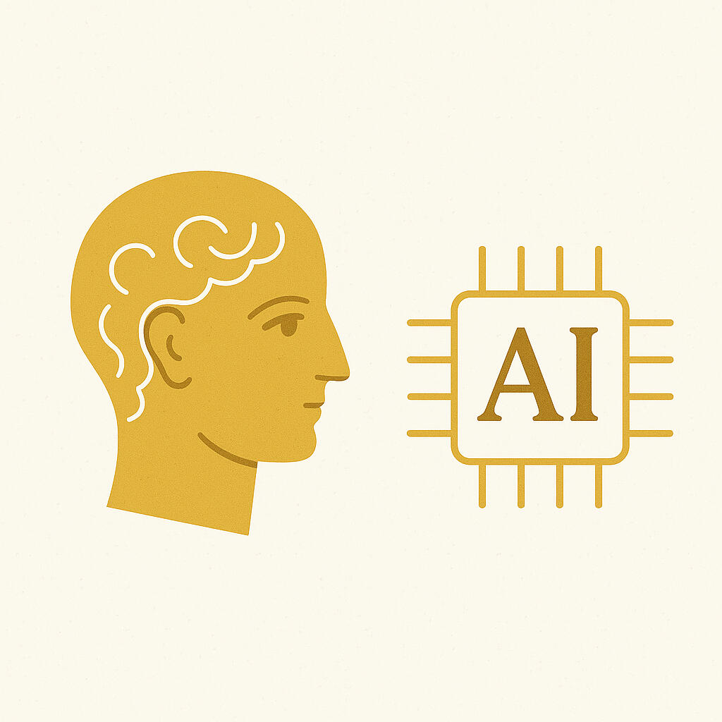 Vežbe za tvoje JA Minimalistička ilustracija grčkog profila i AI čipa – spoj drevne mudrosti i savremene inteligencije.